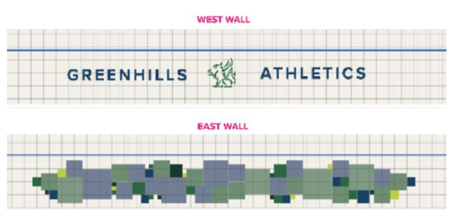 POSITIVE PREPPERATIONS Architectural renderings of murals that will line the athleric entrance hallway. The west wall
focusing on sleek branding of the athletics program while the east wall focuses on showcasing photos of recent Greenhills
athletes at their own individual activities.