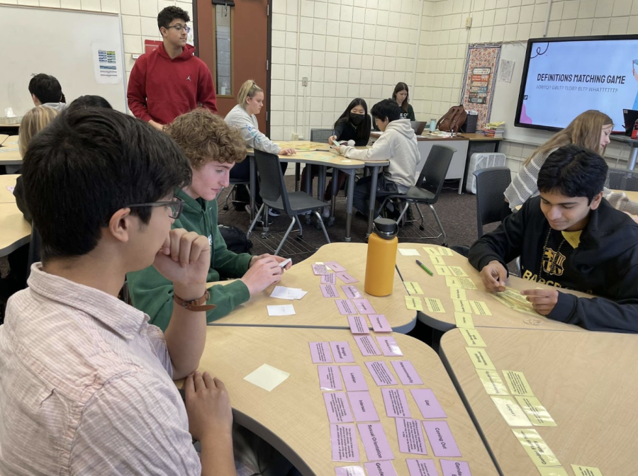 IT’S A MATCH Ninth-graders in a Peer Educator lead health class play a matching game with different LGBTQIA+ terms and their definitions “It was really interesting learning about LGBTQIA+ rights and lack of rights, and what we need to do to change that in the future,” said Henry Beck ‘26.