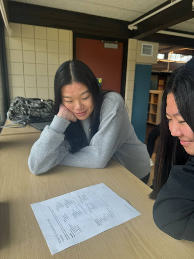 PLANNING PARTY Eleana Zhuang ‘25 and Hannah Lee ‘25 look at the 2024-2025 course guide. “I’m really excited about ‘English IV: Critically Reading Children’s Literature’,” Zhuang said. “Children’s books are very nostalgic to me and I think it would be cool to look at them now with a new perspective and a critical lens.”